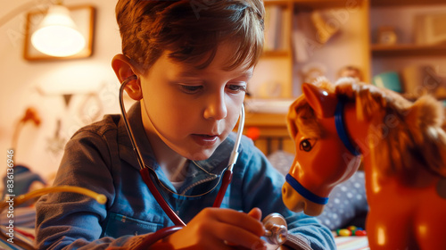 Young boy with a toy stethoscope examining a toy horse, deeply engaged in play. photo