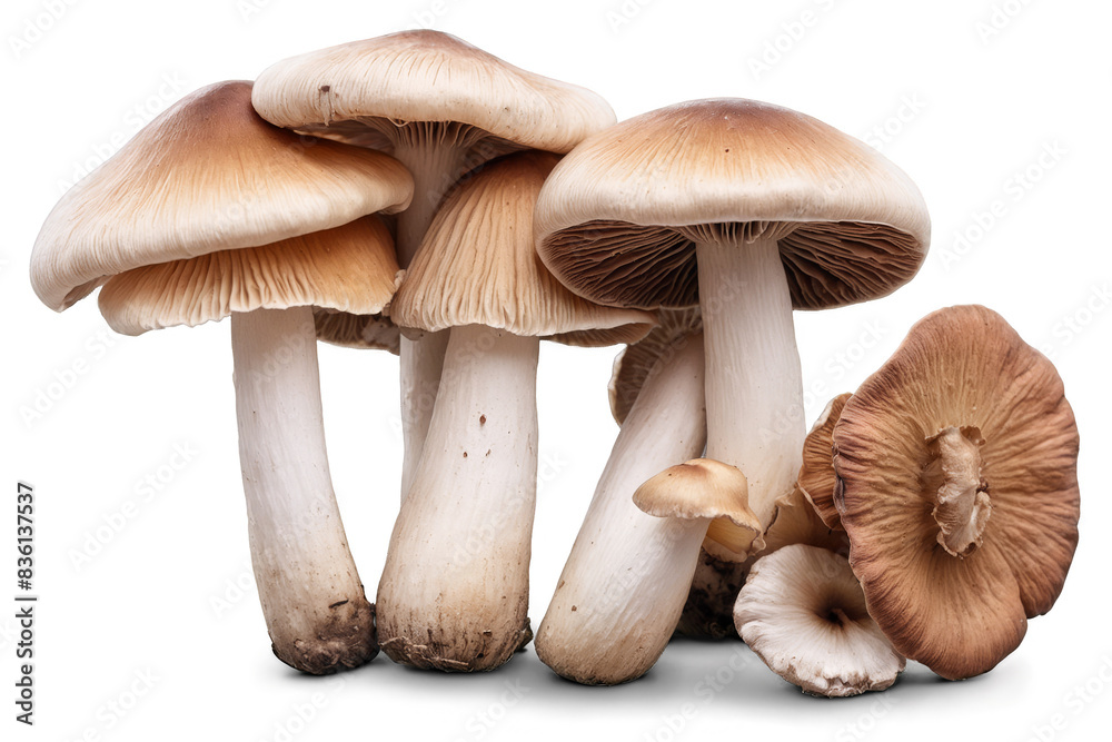 A cluster of edible mushrooms presented against a transparent, white background in png format A cluster of edible mushrooms presented against a transparent, white background in png format