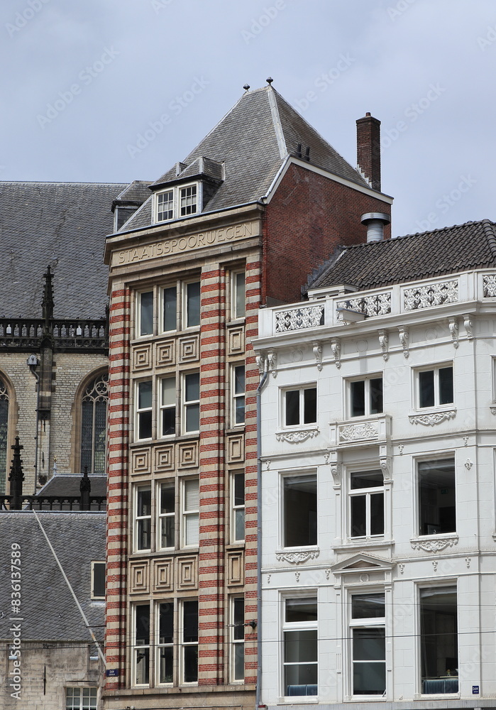 Fototapeta premium Amsterdam Dam Square Buildings Close Up, Netherlands