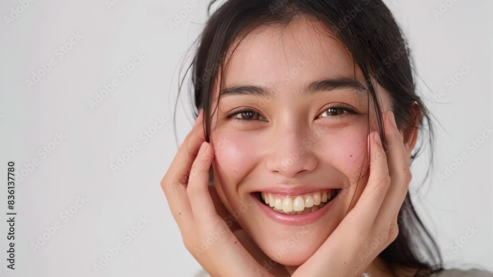 A beautiful woman smiling with her hands on the face on white background. A beautiful woman smiling with her hands on the face on white background.
