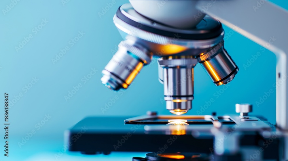 Close-up of a microscope lens with a sample slide. Perfect for science, laboratory, research, and education themes. Close-up of a microscope lens with a sample slide. Perfect for science, laboratory, research, and education themes.