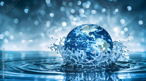 wolrd earth globe planet drop into water, splash, wave photo