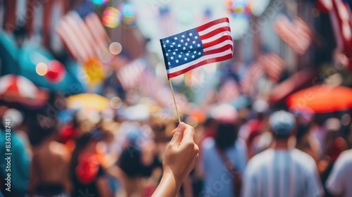 Hand Waving American Flag in Vibrant Independence Day Parade Atmosphere