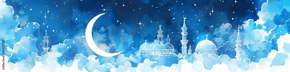 Naklejka premium Panorama view of Taj Mahal at starry night. Night ancient arab city in desert, east architecture in oasis. Happy Independence Day of India. Travel and tourism concept. Watercolor illustration