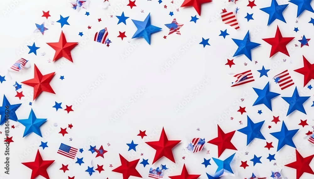 Fototapeta premium 4th of July American Independence Day. Happy Independence Day. Red, blue and white star confetti, paper decorations on white background created with generative ai.
