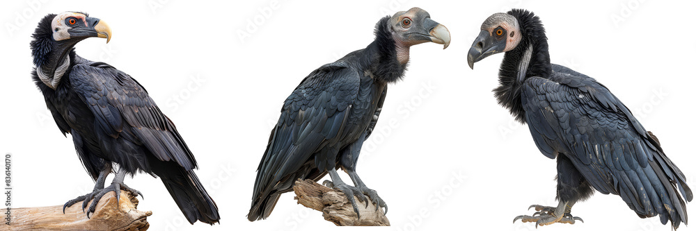 Three andrean condor birds are sitting on a log, one of which is a vulture Three andrean condor birds are sitting on a log, one of which is a vulture
