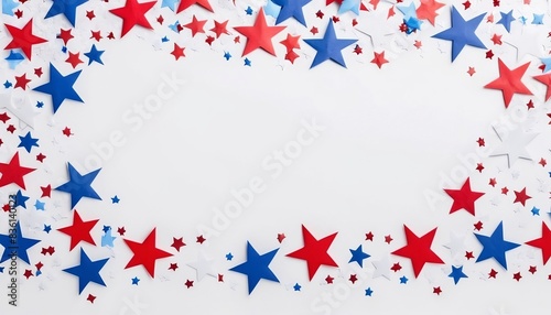 4th of July American Independence Day. Happy Independence Day. Red, blue and white star confetti, paper decorations on white background created with generative ai.