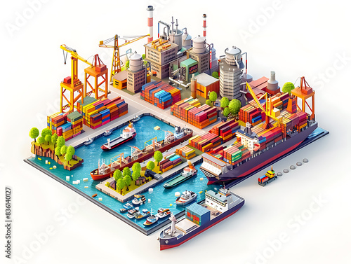 Aerial View of a Modern Industrial Shipping Port with Cargo Ships  Containers  and Cranes in a Vibrant and Detailed Isometric Illustration
