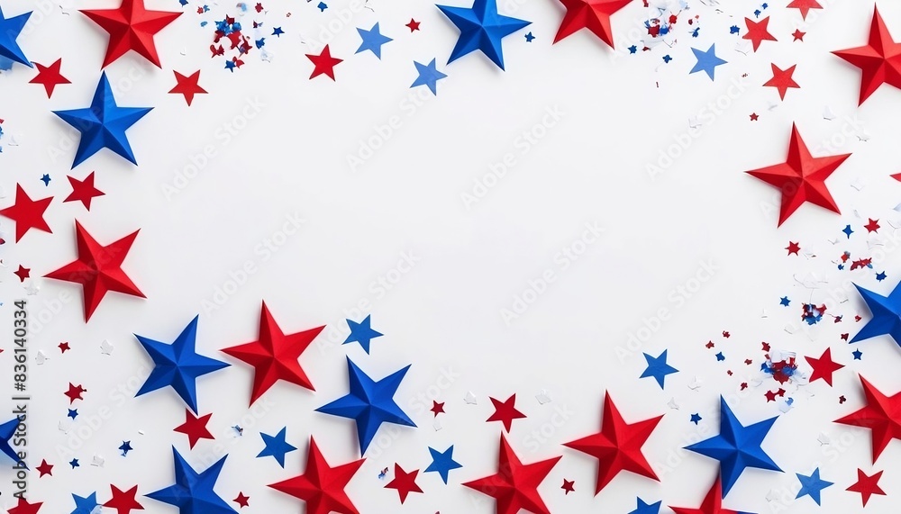 4th of July American Independence Day. Happy Independence Day. Red, blue and white star confetti, paper decorations on white background created with generative ai. 4th of July American Independence Day. Happy Independence Day. Red, blue and white star confetti, paper decorations on white background created with generative ai.