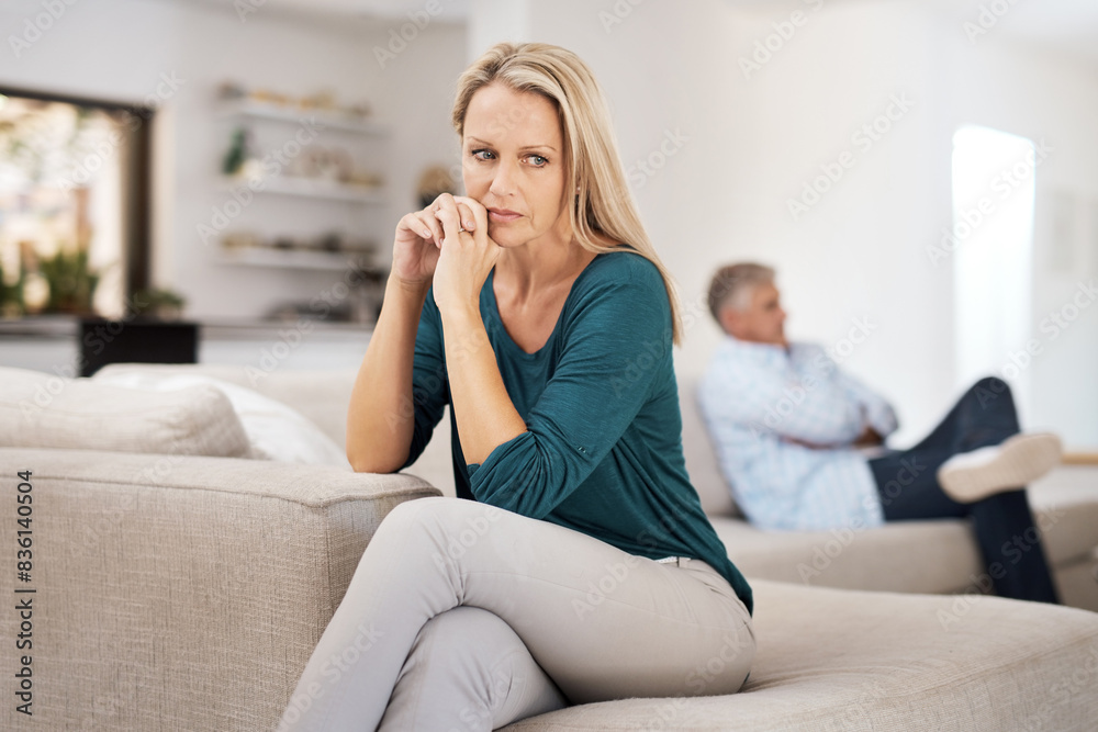 Couch, couple and fight in home for annoyed, divorce or married people for argument. Disagreement, sofa or living room for frustrated woman, affair or emotions in toxic relationship with male partner Couch, couple and fight in home for annoyed, divorce or married people for argument. Disagreement, sofa or living room for frustrated woman, affair or emotions in toxic relationship with male partner