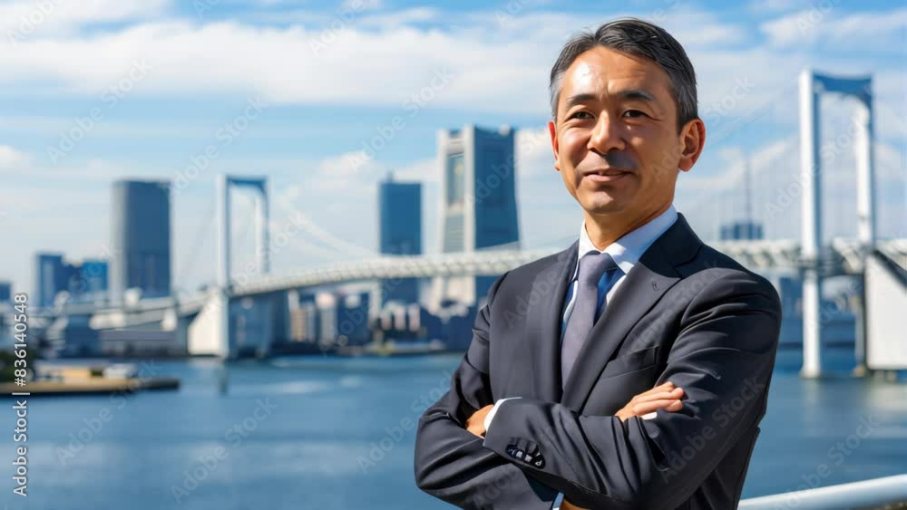 Asian businessman in a suit standing with arms crossed and looking at the camera against the cityscape. Asian businessman in a suit standing with arms crossed and looking at the camera against the cityscape.