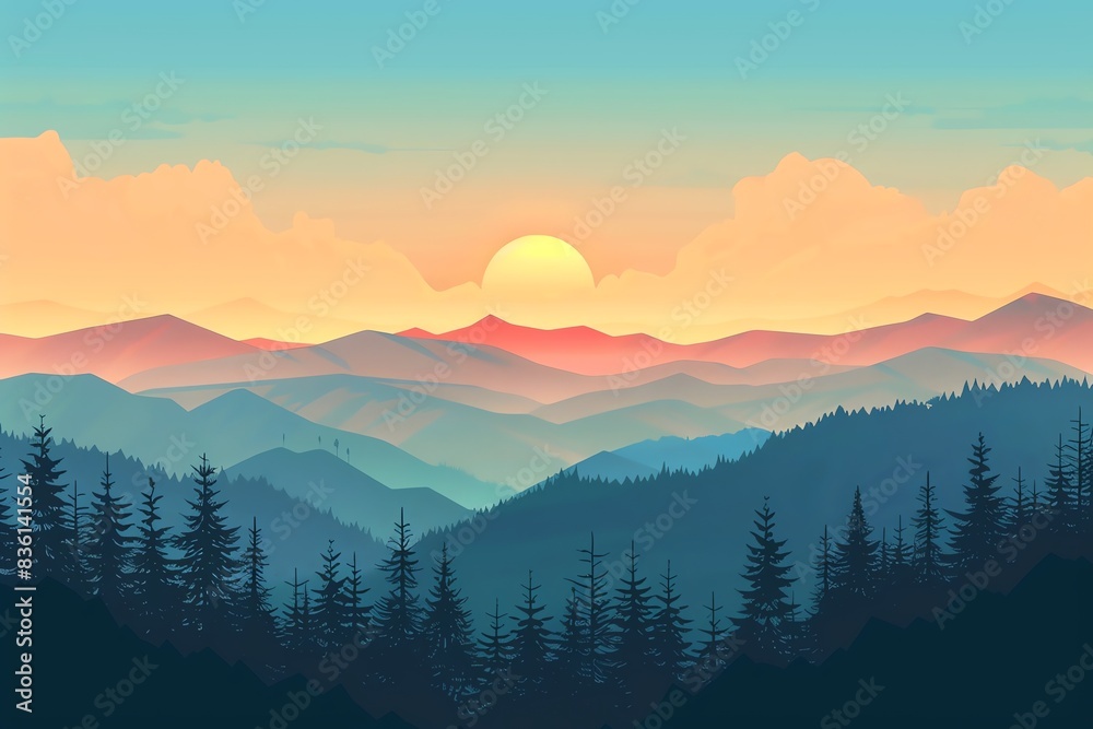 Flat design of a panoramic view from a mountaintop Flat design of a panoramic view from a mountaintop