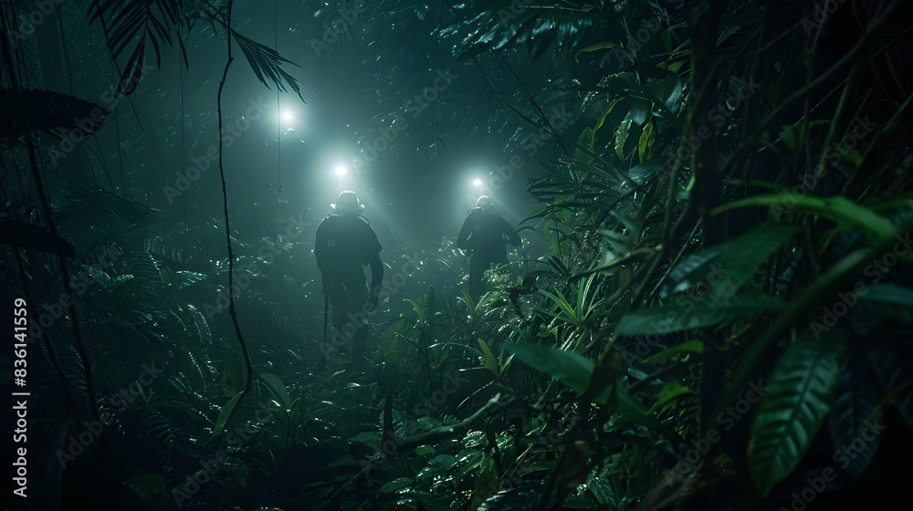 Fototapeta premium Amidst the dense foliage of a tropical mountainside, rescuers navigate a narrow path, their headlamps casting beams of light through the thick underbrush.