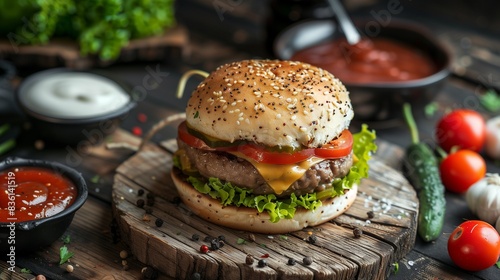 An enticing composition showcasing a gourmet hamburger on a weathered wooden plank, accompanied by vibrant vegetables and sauces, perfect for digital marketing