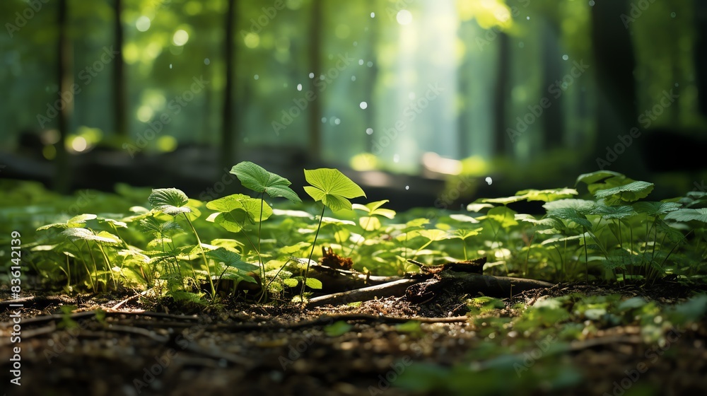Sunlight streams through a lush forest, illuminating a carpet of green leaves and moss. Sunlight streams through a lush forest, illuminating a carpet of green leaves and moss.