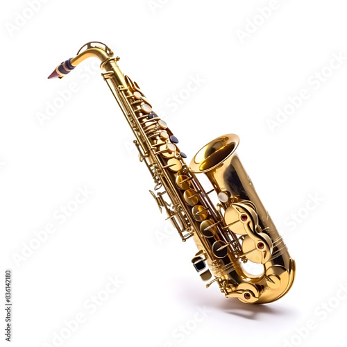 Shiny Golden Saxophone Isolated on White Background - Musical Instrument Close-Up with Detailed Keys and Brass Finish - Perfect for Jazz  Classical  and Contemporary Music Themes