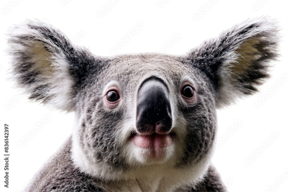 Naklejka premium A detailed close-up shot of a koala's face on a transparent, white background, png, highlighting wildlife