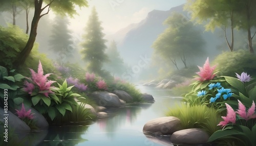 Immerse in the tranquil beauty of nature with this serene plant landscape, a picturesque river winding through lush forests and under a boundless sky, inviting travelers , generative ai wallpaper. 
