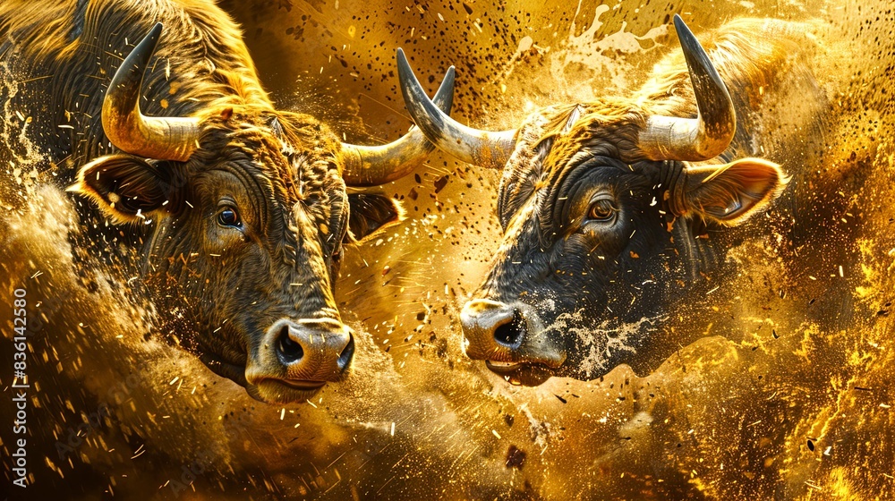 Two powerful bulls clash in a dramatic, fiery encounter, symbolizing confrontation and strength in a dynamic visual display. Two powerful bulls clash in a dramatic, fiery encounter, symbolizing confrontation and strength in a dynamic visual display.