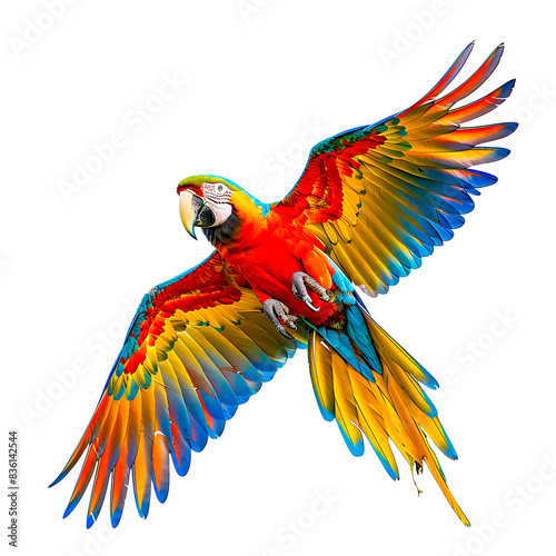 Vibrant Scarlet Macaw in Flight with Outstretched Wings on White Background Showcasing Colorful Feathers and Dynamic Motion © Photo shop for you