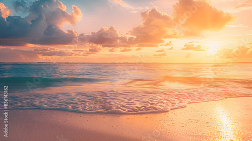 Fototapeta Naklejka Na Ścianę i Meble -  Closeup sea sand beach. Panoramic beach landscape. Inspire tropical beach seascape horizon. Orange and golden sunset sky calmness tranquil relaxing sunlight summer mood. Vacation travel holiday banner
