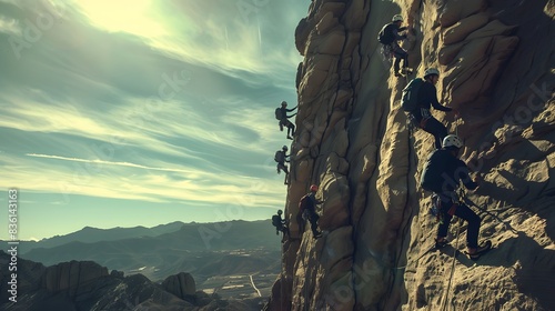 Against a backdrop of endless sky and rugged terrain, a team of climbers ascends a sheer rock face, their synchronized movements a ballet of skill and determination.