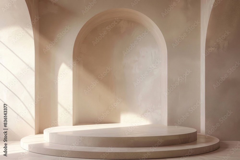 White round podium in a bright room with arch details for product presentation.