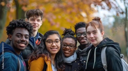 A group of young people in autumn, with trees with orange leaves in the background © trustmastertx