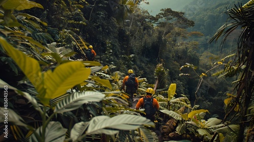 A rescue team navigates a steep, lush mountainside in a tropical jungle, surrounded by dense foliage and vibrant flora.