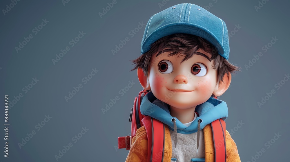 Charming animation of a cheerful young boy with a backpack and a blue cap, perfect for kids' themed content. Charming animation of a cheerful young boy with a backpack and a blue cap, perfect for kids' themed content.