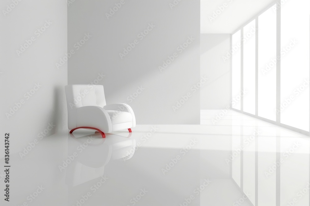 Minimalist interior space with a modern white rocking chair and large windows allowing natural light to fill the room, creating a clean feel. Minimalist interior space with a modern white rocking chair and large windows allowing natural light to fill the room, creating a clean feel.
