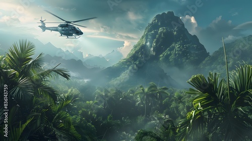 A helicopter hovers over a tropical island towering peak, its searchlight piercing through the dense canopy below.