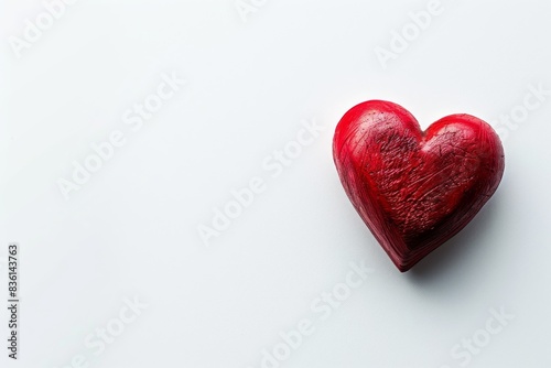 Red heart-shaped stone on a white background, symbolizing love and affection in a minimalist and clean setting.