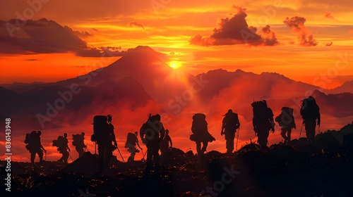 Against a vibrant sunset, a rescue team treks through a tropical high-altitude landscape, with distant volcanoes silhouetted on the horizon.