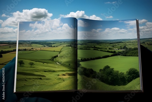 Open book with realistic landscape painting of green hills and cloudy sky. Studio photography for design and print. Nature and travel concept.