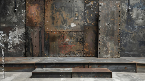 Industrialstyle podium with exposed bolts and metal sheets, creating a rugged and urban look photo