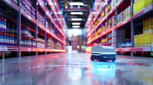 A robotic cart navigates an aisle in a warehouse, showcasing automation in inventory management.