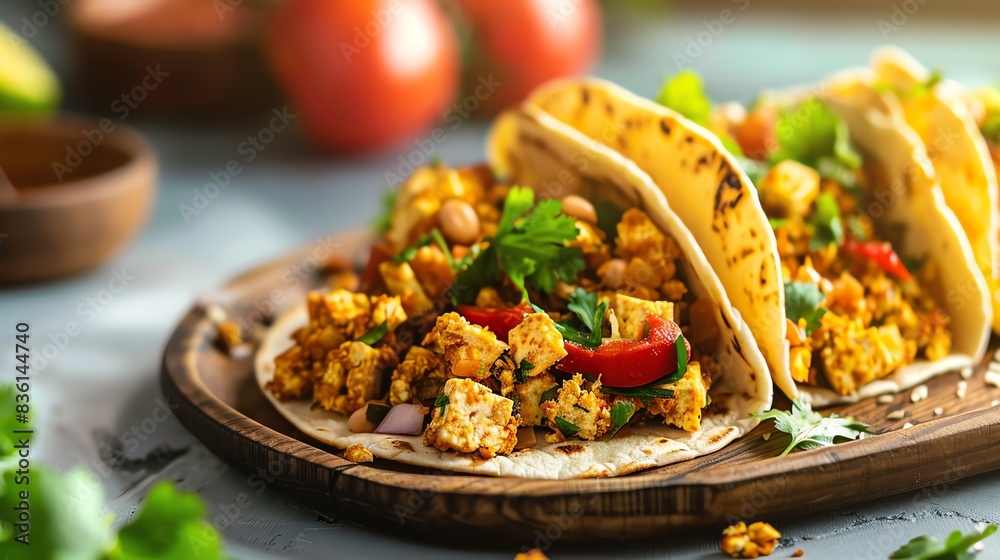 Fresh vegan tacos, tofu scramble, morning light, topped with veggies selective focus, nutritious meal, realistic, Multilayer, sunny window Fresh vegan tacos, tofu scramble, morning light, topped with veggies selective focus, nutritious meal, realistic, Multilayer, sunny window