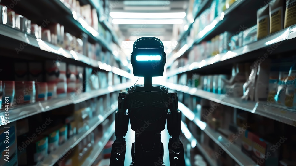 A robot stands in an aisle of a supermarket, representing the future of retail and automation. A robot stands in an aisle of a supermarket, representing the future of retail and automation.