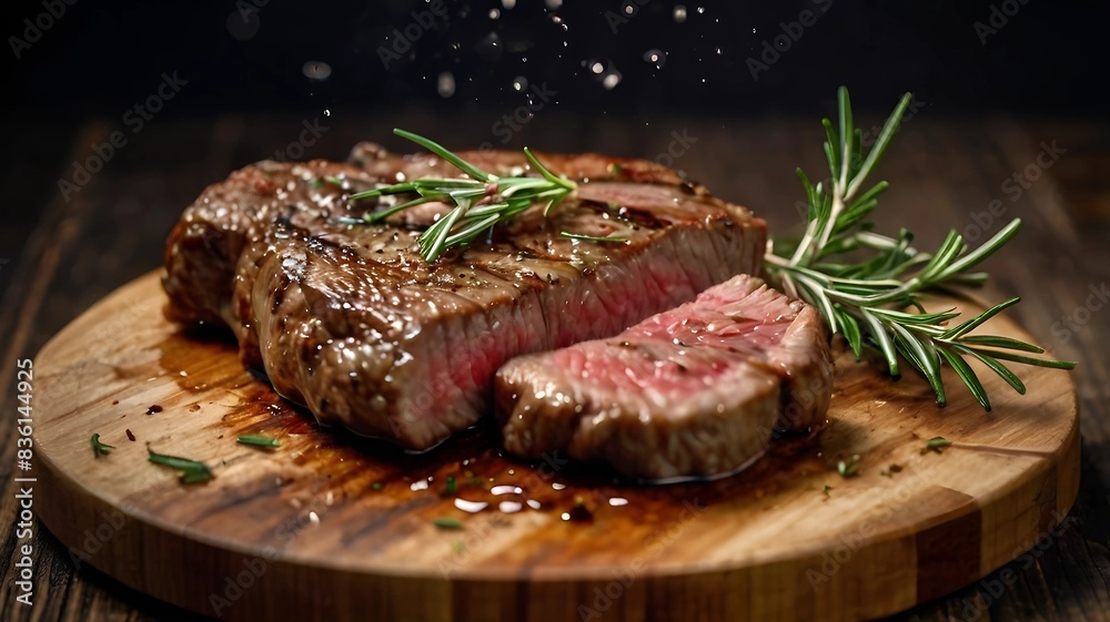 blurred background, grilled meat, steak, crispy on the outside. Cut into pieces and the meat inside is not yet cooked. There's runny water coming out. Garnish with rosemary. Placed in an old wooden cu blurred background, grilled meat, steak, crispy on the outside. Cut into pieces and the meat inside is not yet cooked. There's runny water coming out. Garnish with rosemary. Placed in an old wooden cu