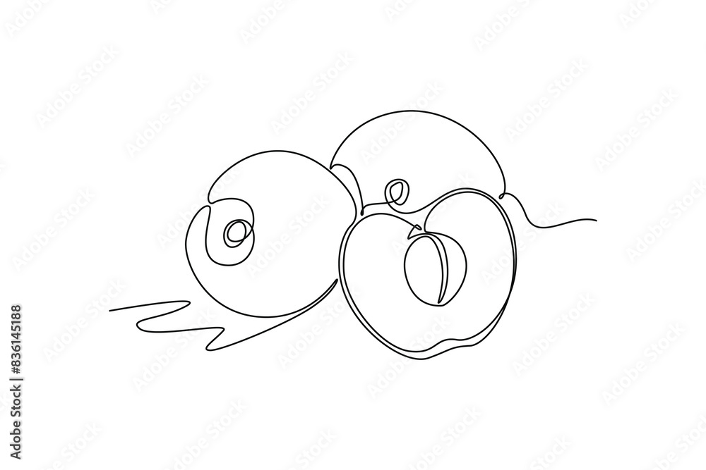 Continuous one line drawing whole and sliced healthy organic sweet cherries for orchard logo identity. Fresh fruitage concept for fruit garden icon. Single line draw design vector graphic illustration Continuous one line drawing whole and sliced healthy organic sweet cherries for orchard logo identity. Fresh fruitage concept for fruit garden icon. Single line draw design vector graphic illustration