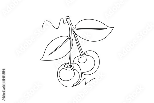 Continuous one line drawing whole healthy organic sweet freshness cherries for orchard logo identity. Fresh fruitage concept for fruit garden icon. Single line draw design vector graphic illustration