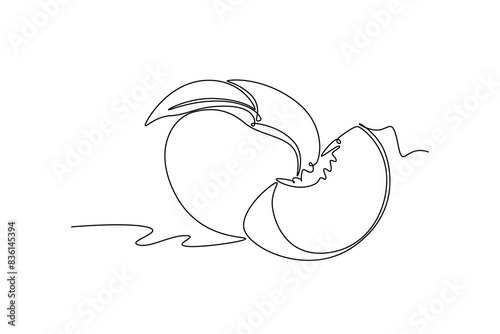 Single one line drawing whole and sliced healthy organic peach for orchard logo identity. Fresh fruitage concept for fruit garden icon. Modern continuous line draw design graphic vector illustration