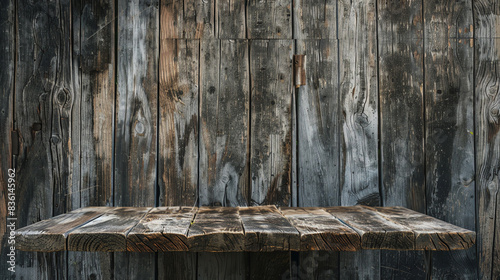 Podium with a weathered wood finish, set against a barn backdrop, ideal for vintage and countrythemed products photo