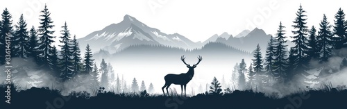Wildlife Adventure  Silhouette of Forest Animals  Misty Fog   Fir Trees in Panoramic Landscape Vector Illustration for Logo