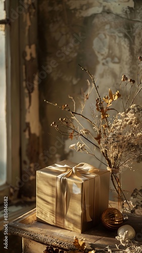 Elegant Gift Box with Ribbon and Dried Flowers in Vintage Setting