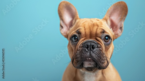 Minimalistic Aesthetic Portrait of Small English Bulldog Puppy Isolated on Blue Background