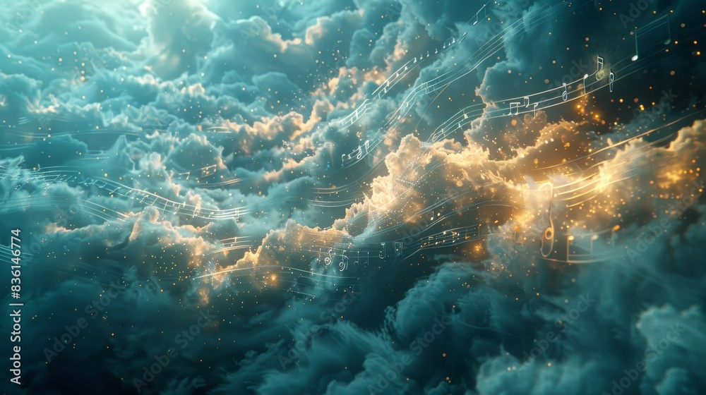A detailed 3D illustration of a cloud with musical staff lines and notes, showcasing the beauty of music in a digital format.