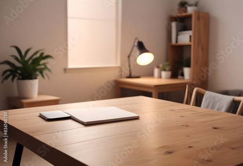 Modern home with empty desk, lamp, light and window. lofty, soft lighting. 