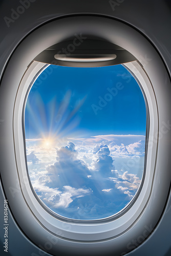 Airplane window with beautiful sky. Airplane window. Travel and tourism concept. New scenic spots